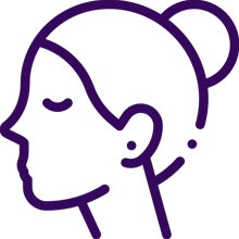 A purple line drawing of a person 's head.